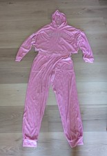 Juicy Couture Pink Bling Velour Hooded Shirt Pants Pajama Lounge Set Size L