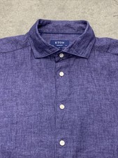 Eton Dress Shirt Mens 44 17.5 Blue Contemporary 100 Linen Woven Melange XL
