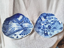 Pair of Japanese Kabuki Decorative Plates, Blue White Porcelain Samurai Geisha