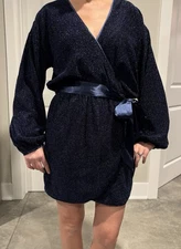 NWT Baltic Born Sequin Mini Wrap Dress Blue Womens Medium Long Sleeve Party