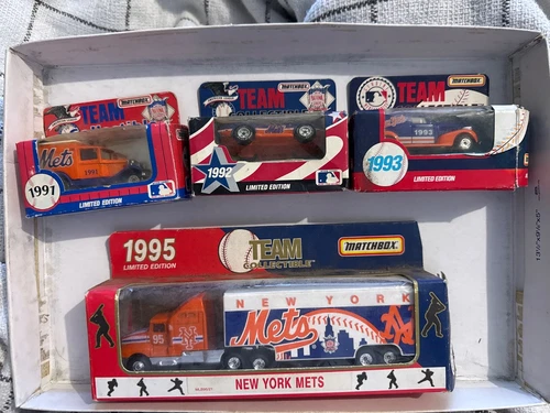 (4) Vintage New York Mets Collectible Matchbox Cars Truck 91 92 93 95 open box
