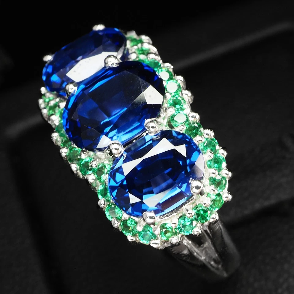 Anelli fatti a mano in argento sterling 925 con tre pietre e zaffiro blu... - Immagine 4 di 4