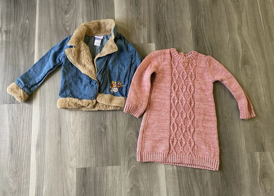 Little Lass 4T Pink Knit Dress With Denim Fur Jacket - Image 2 of 4