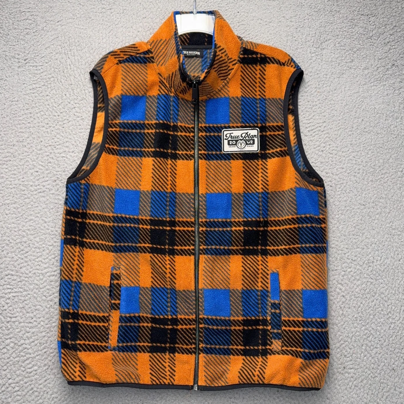 True Religion Fleece Vest Mens Medium Orange Blue Plaid Full Zip Outdoor Pockets