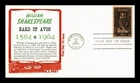 US COVER WILLIAM SHAKESPEARE FDC SCOTT 1250 THERMOGRAPHED KHOL KRAFT CACHET