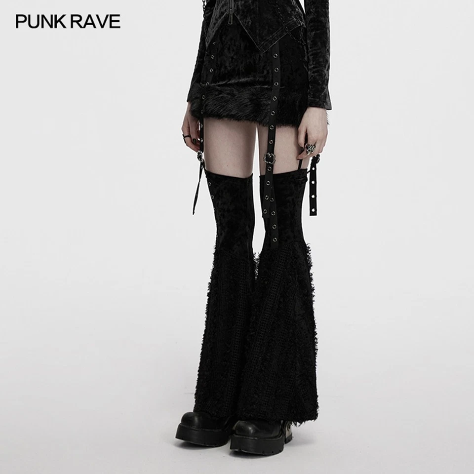 Punk Rave Mujeres Negro Gótico Conjunto de Dos Piezas Falda Empalmada de Piel con Calentadores de Piernas Foto 2 de 4