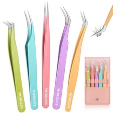 MORGLES 5pcs Eyelash Extension Tweezers High Precision, Straight and Pink