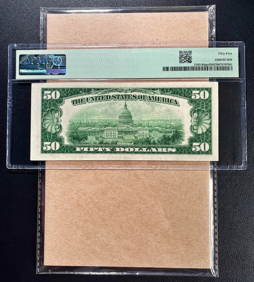 Fr. 2102-Bdgs 1934 $50 Federal Reserve Note NEW YORK PMG 55 - AU - Image 2 of 2
