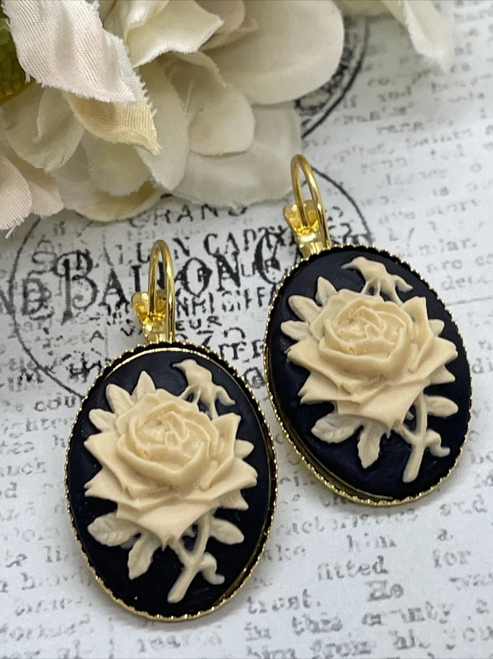 Pendientes camafeo cumpleaños oro crema y negro victoriano rosa boda aniversario Foto 3 de 4