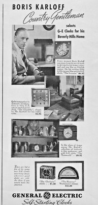 1937 General Electric Self Starting Clocks  Print Ad Boris Karloff