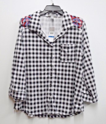 By Design Womens Size XL Check Embroidered Roll Tab Sleeve Knit Button Shirt New