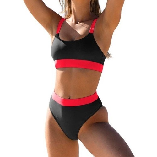 Women's Two Piece Bikini High Waisted Red & Black High Cut Size Large