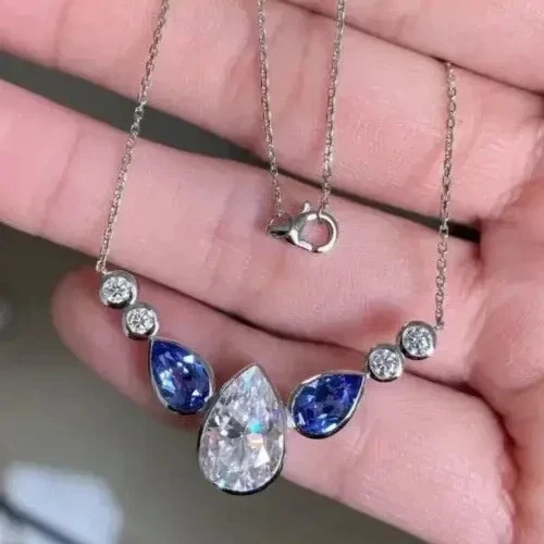 14k White Gold Plated Sapphire Diamond Pendant Necklace 2Ct Pear Lab Created - Image 3 of 4