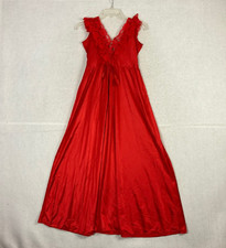 VTG Fantasy Lingerie Maxi Red Nylon Lace Nightgown M USA V Neck Tank Lace Up