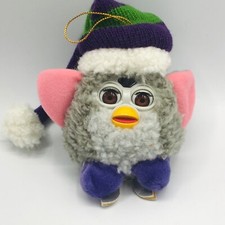 VTG Furby Christmas Ornament Plush Stuffed Gray Santa Hat Xmas Ice Skates 4