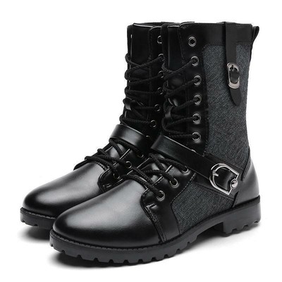 Men's biker Riding boots faux leather Lace Up Buckle Strap Mid Calf Boots Shoes