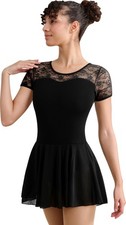 Women Dance Ballet Leotard with Skirt,Adult Lace Short Sleeve Ballerina Dance...