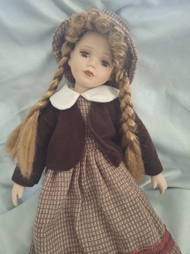 Porcelain Girl Doll Brown Eyes Blonde Curly Braided Hair Bonnet Plaid Dress