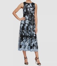 Alex Evenings Women's Blue Lined Floral-Embroidered A-Line MIDI Dress Size 14