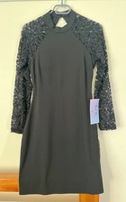 Women’s Black Open Back Lace Sequin Long Sleeve Bodycon Midi Dress, Size UK 14