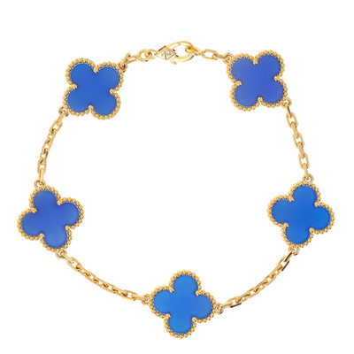 Van Cleef & Arpels Vintage Alhambra 18k Yellow Gold 5 Motif Blue Agate Bracelet