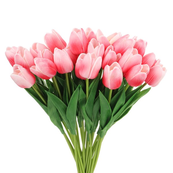 24X Falsche Tulpen KüNstliche Blumen Pu KüNstliche Tulpen Echt BerüHren Tiefrosa-image