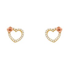 Genuine 14k Two-tone Gold 8.6mm CZ Heart Rose Screwback Safety Earring Studs