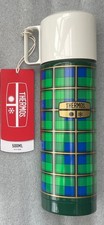 THERMOS REVIVAL RETRO VINTAGE STAINLESS STEEL VACUUM FLASK ; GREEN TARTAN BNWT