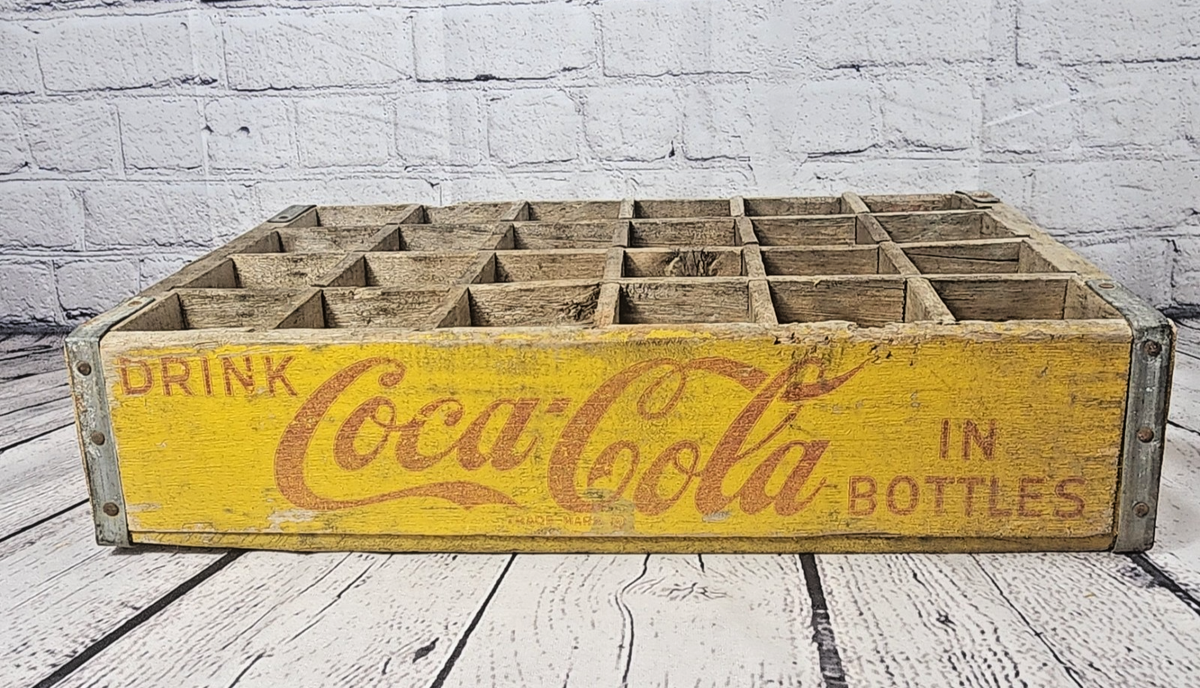 Vintage Drink Coca-Cola Yellow Wooden Case Box 24 Bottle Coke Soda