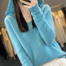 100 Cashmere Hoodie V-Neck Pullover Women's Cashmere Cardigan Sweater Hooded