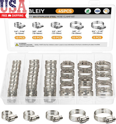 45 Pcs Stainless Steel Hose Clamp Assortment Kit Worm Gear Adjustable Hose Clamp