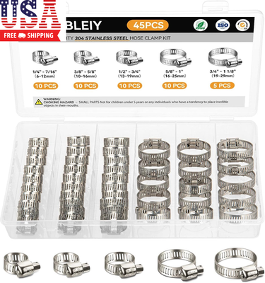 #ad 45 Pcs Stainless Steel Hose Clamp Assortment Kit Worm Gear Adjustable Hose Clamp $12.79