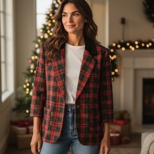 Vintage Sag Harbor Blazer 14 Tartan Plaid Wool Blend Velvet Collar Retro Holiday