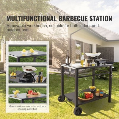 Outdoor Grill Cart: Double Shelf, 2 Wheels, Handle & BBQ Accessories