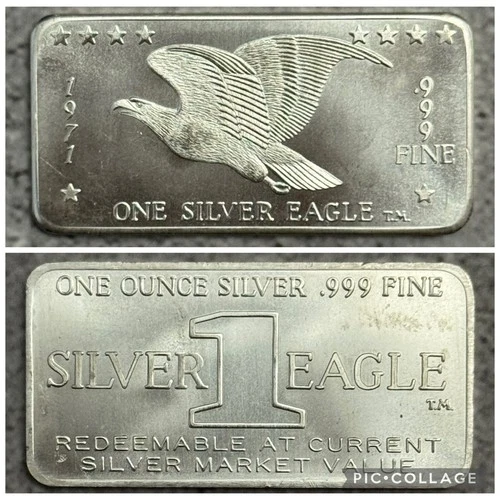 1971 One Silver Eagle W H Foster Co. 1oz .999 Fine Silver Vintage Art Bar