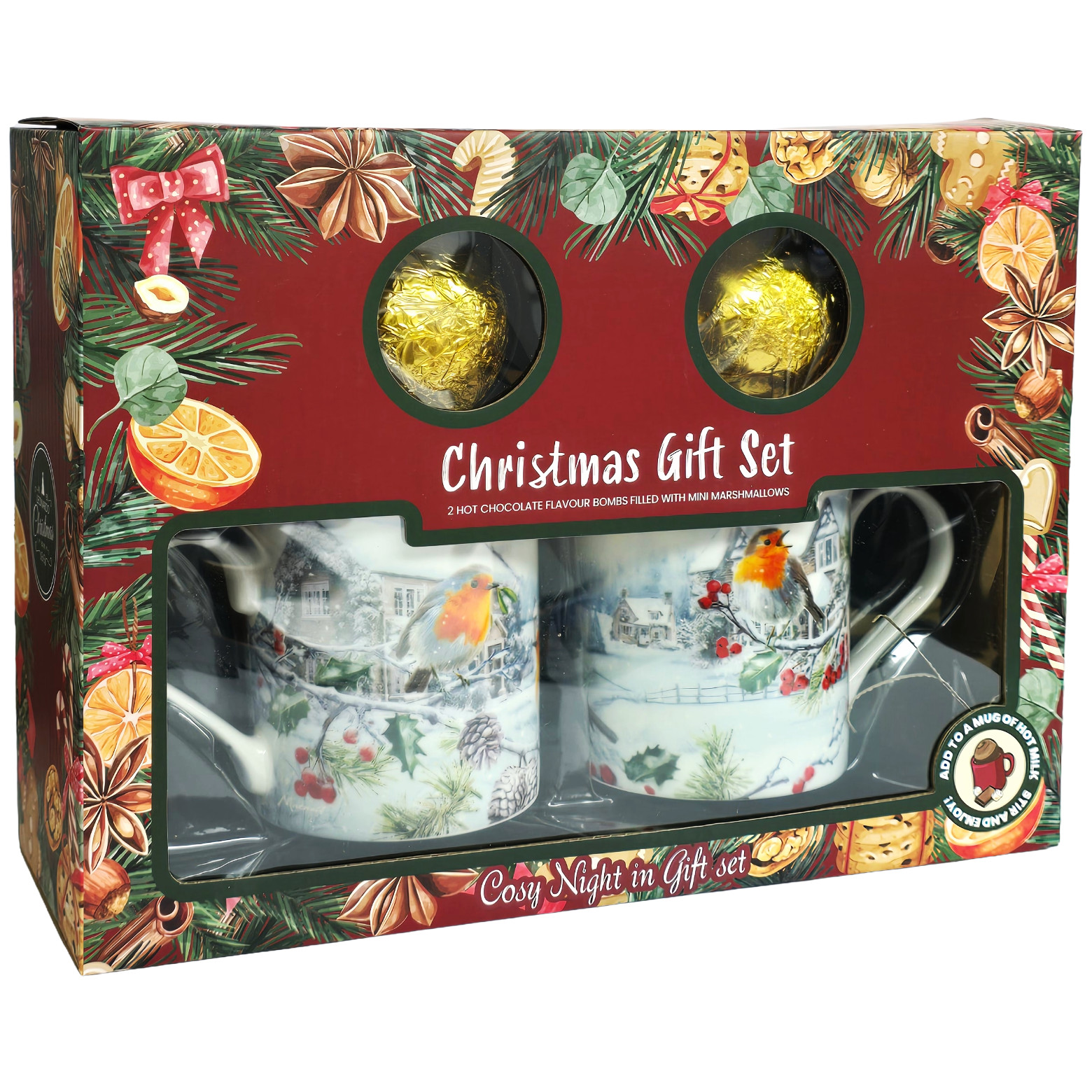 Twin Set Robin Mugs With Hot Chocolate Bombs Christmas Gift Set
