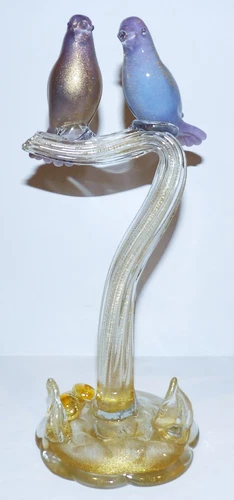 STUNNING ALFREDO BARBINI MURANO MCM LAVENDER GOLD AVENTURINE BIRDS ON BRANCH