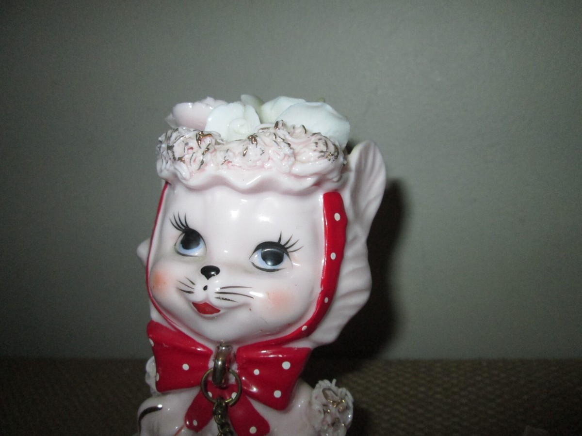 Vtg 50s NAPCO Pink Porcelain Spaghetti Cat & 2 Chained Kittens