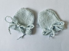 Baby Scratch Mittens Pure Cotton Pale Blue Hand Knitted Newborn Boy New