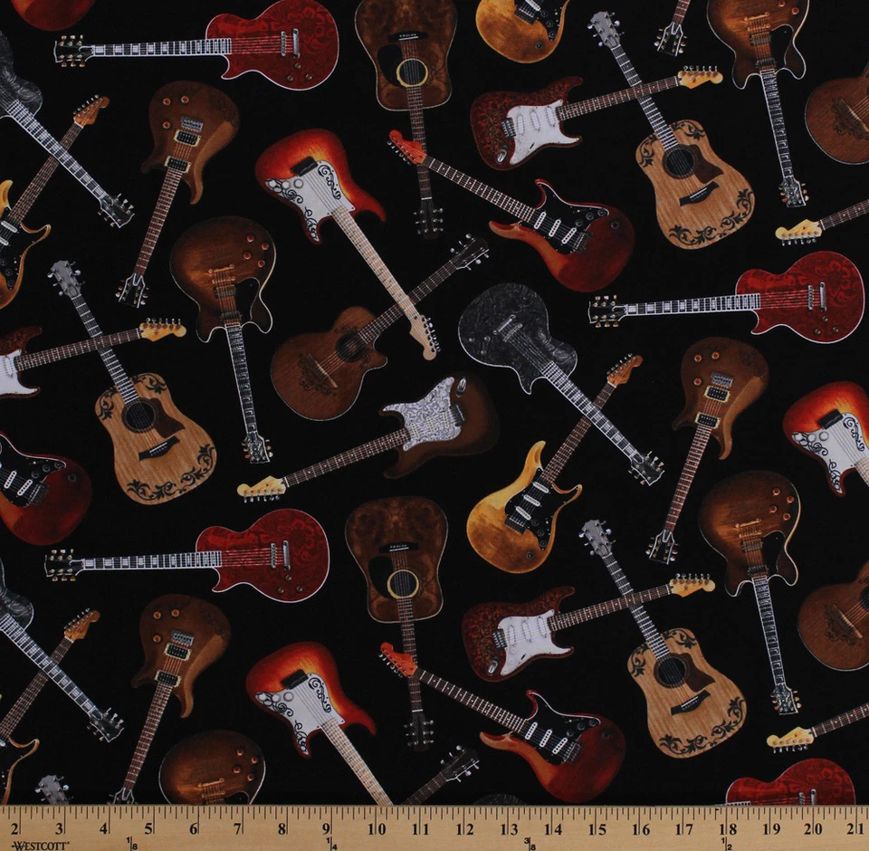 TIMELESS TREASURES Cotton Guitars Guitar Musical Instruments Black Cotton Fabric Print BTY D482.29