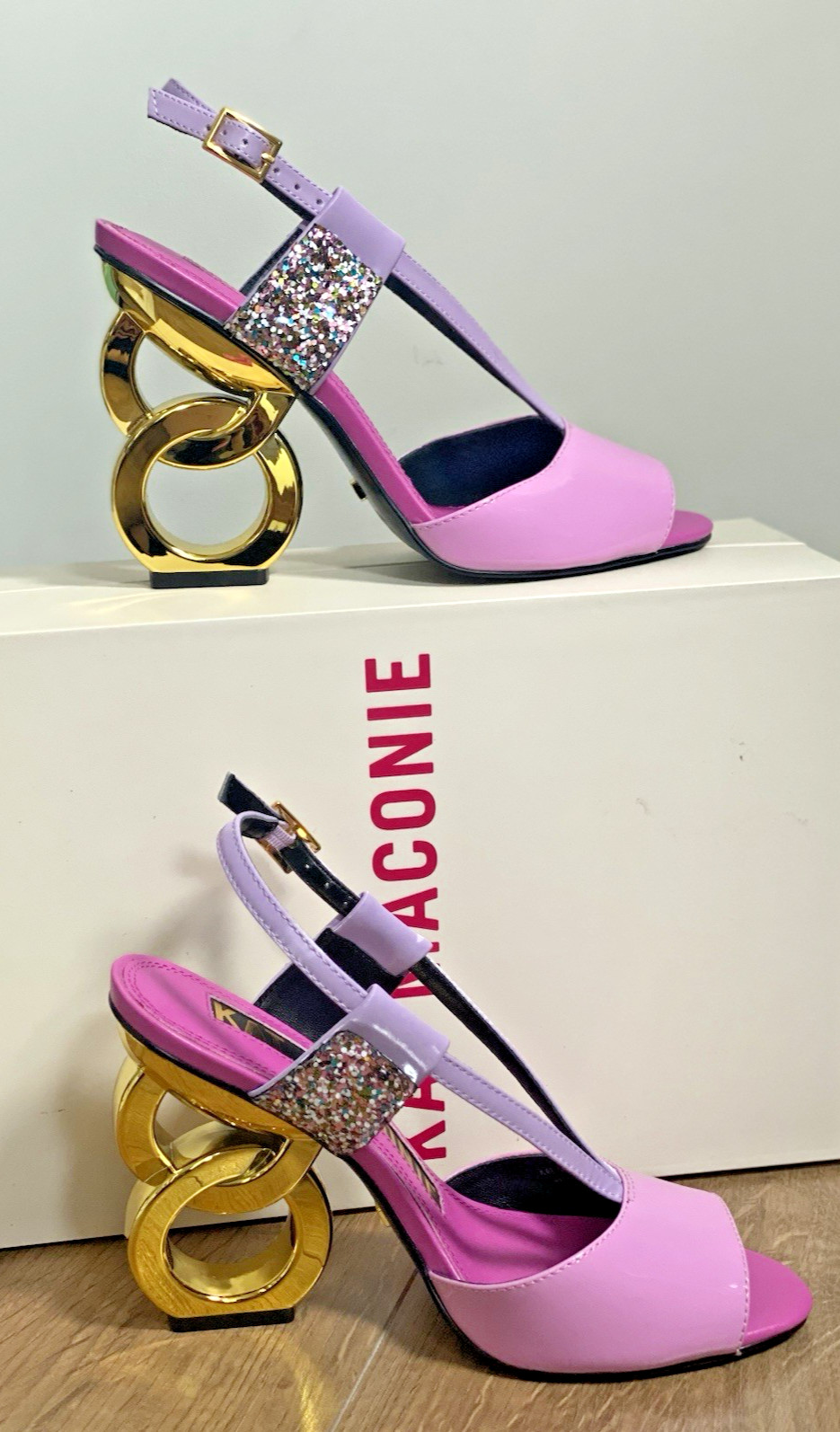 Kat Maconie Sandals Pink Leather Glitter Gold Chain Heels UK5 EU38 RRP £300