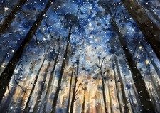 Impresión en papel mate Starry Forest Night 5"x7" | Encantadora acuarela Woodland
