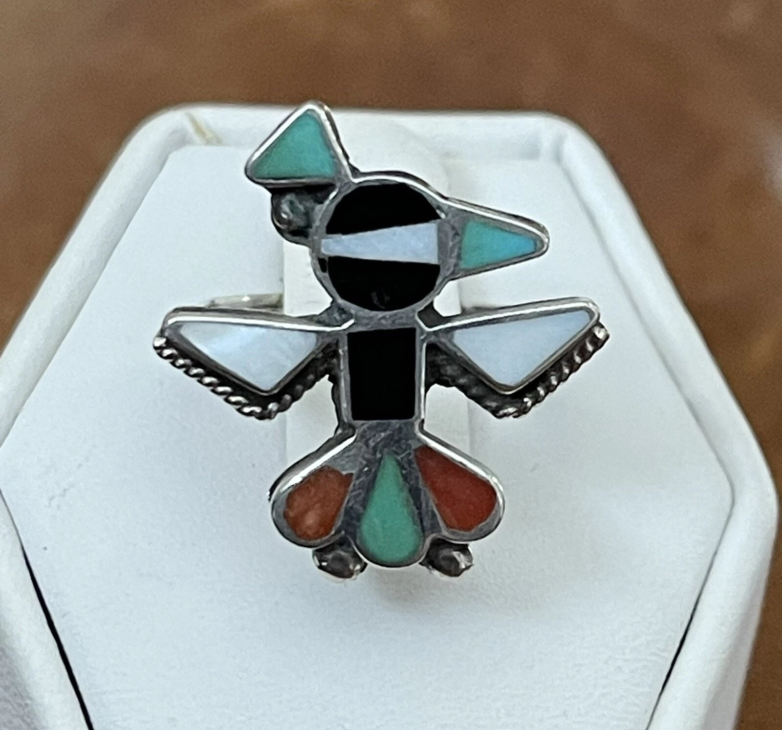 Vtg 1950s 60s Native Zuni Peyote Thunderbird Multicolor Inlaid 925 Ring Size 5
