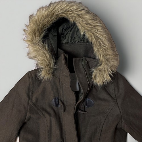 Logg Y2K Fur Lined Jacket Pea Coat Flare Fuzzy Hood Green Brown Bella 2000s M - Picture 8 of 15