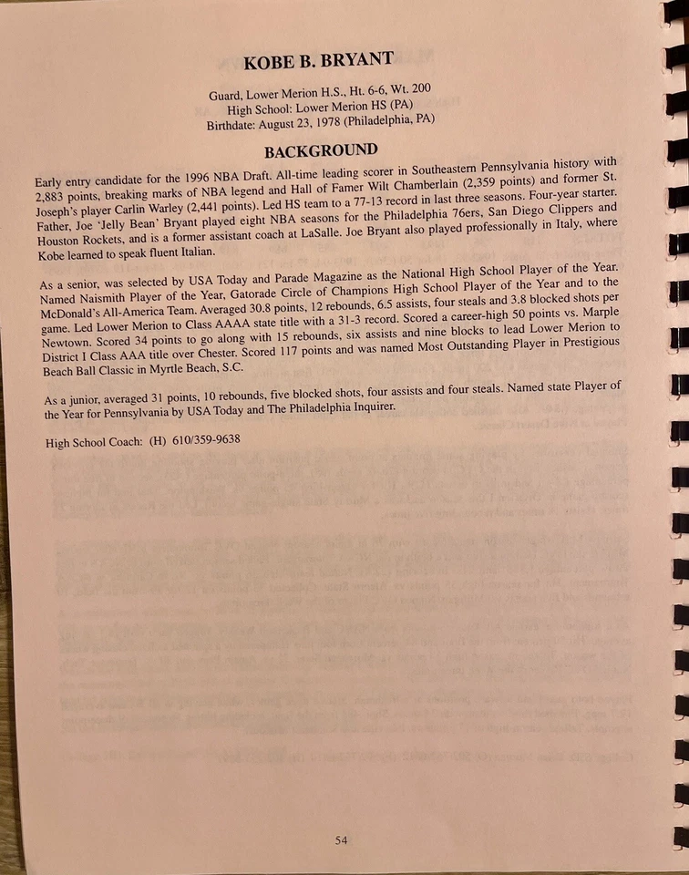 NBA DRAFT 76ERS 1996 GUÍA DE MEDIOS/INFORME DE EXPLORACIÓN/KOBE BRYANT-ALLEN IVERSON 171 pg Foto 3 de 4