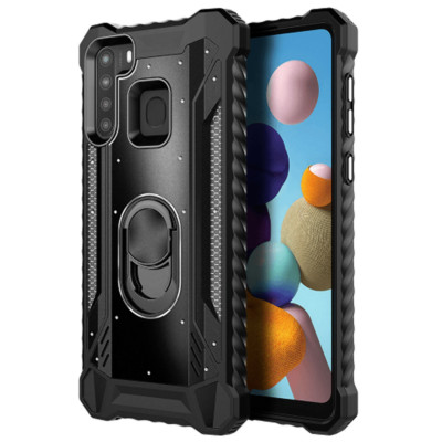 For Samsung A21 Shockproof Metal Jacket Ring Stand 360° Rotation PC TPU Case BLA