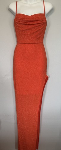 Windsor Orange Glitter Cowl Neck High Leg Slit Formal Dress Size Small - Picture 2 of 11