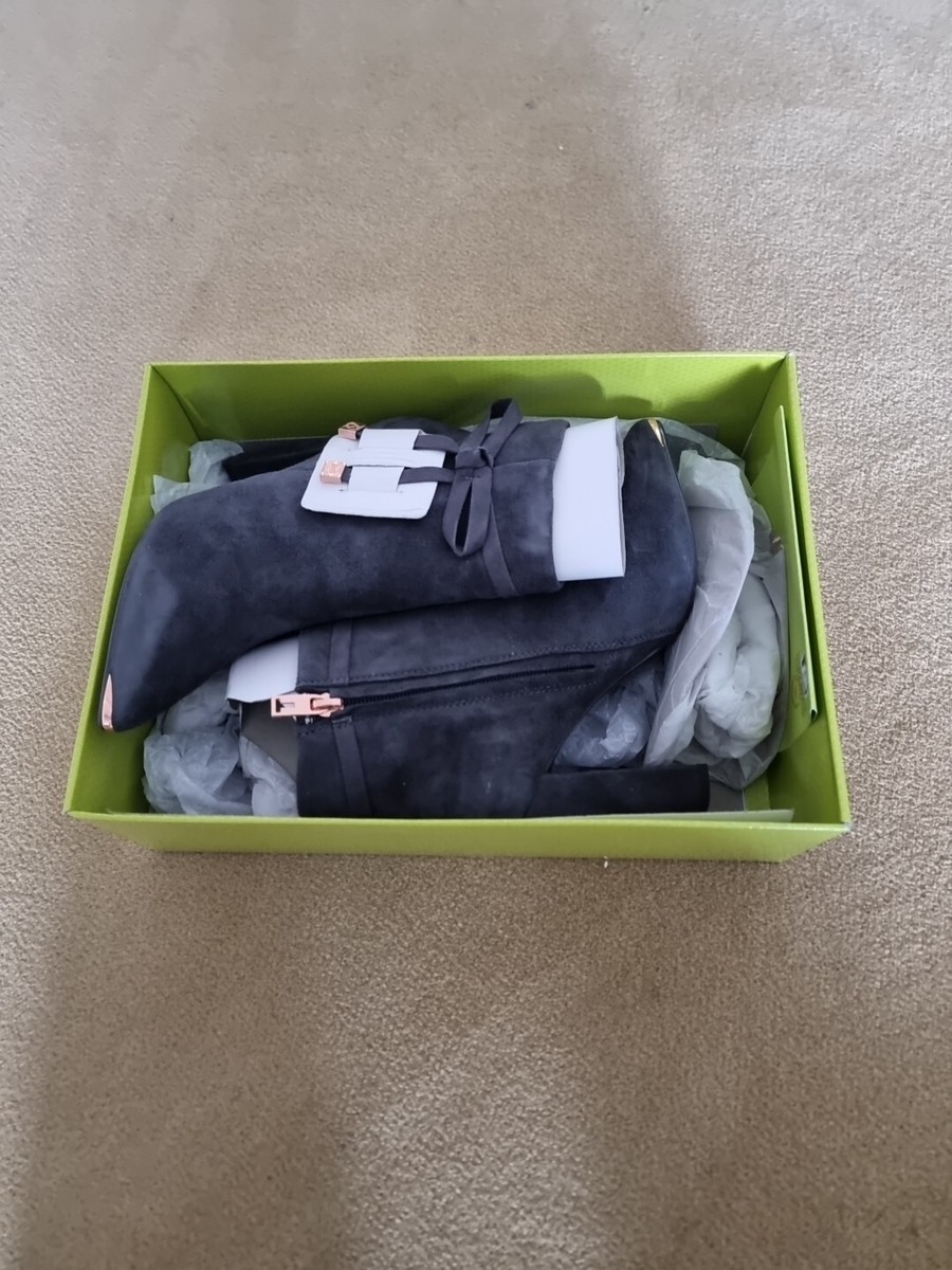 TED BAKER Qatena Grey Charcoal Suede Bow Details High Heels Ankle Boots  Size