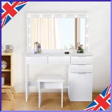 Large White Dressing Table Stool Set with LED Light Mirror Vanity Make up Desk