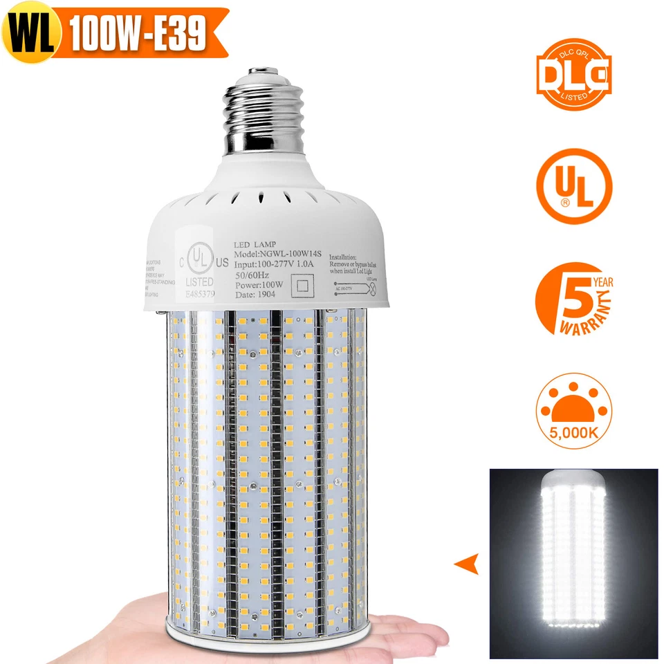 NGTLED DLC 100W LED Corn Light Bulbs Warehouse High Bay Lamp 5000K/6000K E39 Large Base